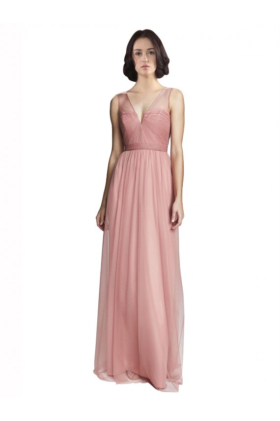 A-Line V-Neck Tulle Long Rose Pink Bridesmaid Dress Barrie