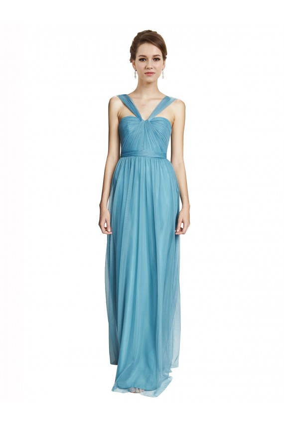 A-Line V-Neck Tulle Long Sky Blue Bridesmaid Dress Barrie