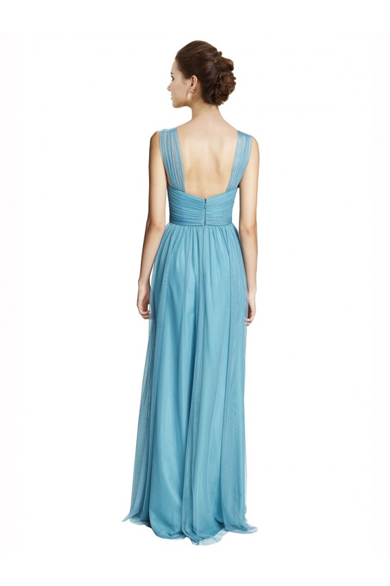 A-Line V-Neck Tulle Long Sky Blue Bridesmaid Dress Barrie
