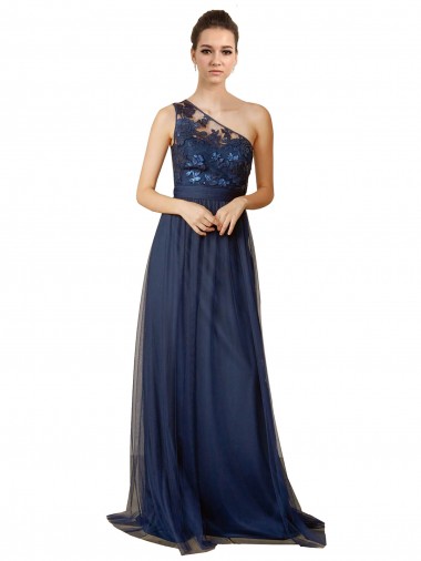 A-Line One Shoulder Tulle Sweep Train Dark Navy Bridesmaid Dress Barrie