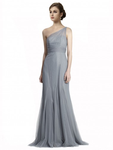 Mermaid One Shoulder Tulle Long Slate Grey Bridesmaid Dress Barrie