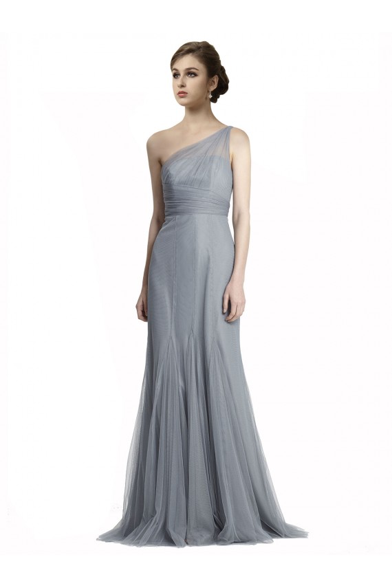 Mermaid One Shoulder Tulle Long Slate Grey Bridesmaid Dress Barrie