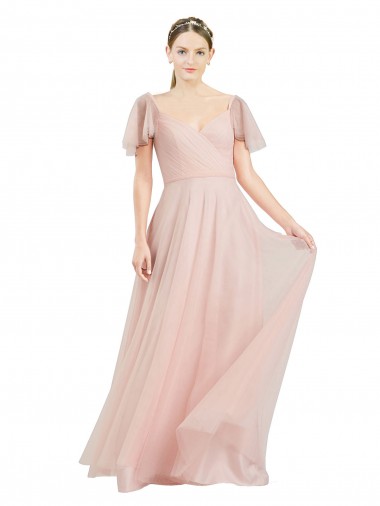 A-Line V-Neck Tulle Long Pink Formal Dress / Bridesmaid Dress Barrie