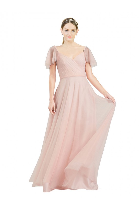 A-Line V-Neck Tulle Long Pink Formal Dress / Bridesmaid Dress Barrie