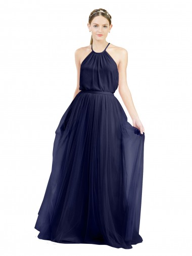A-Line High Neck Tulle Long Navy Blue Semi Formal Evening Dress / Bridesmaid Dress Barrie