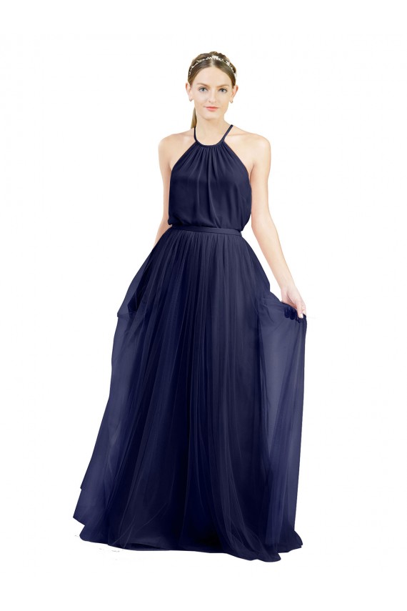 A-Line High Neck Tulle Long Navy Blue Semi Formal Evening Dress / Bridesmaid Dress Barrie