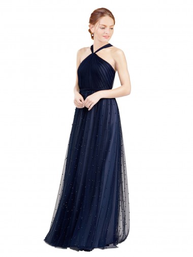A-Line Halter Neck Tulle Long Navy Blue Bridesmaid Dress / Evening Dress Barrie