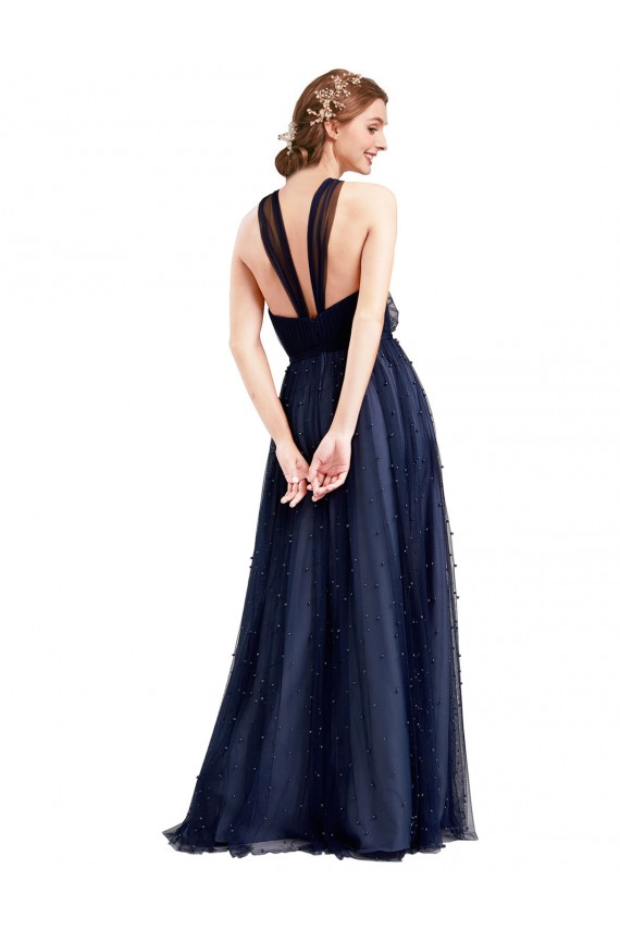 A-Line Halter Neck Tulle Long Navy Blue Bridesmaid Dress / Evening Dress Barrie
