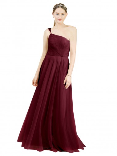 A-Line One Shoulder Tulle Long Burgundy Semi Formal Evening Dress / Bridesmaid Dress Barrie