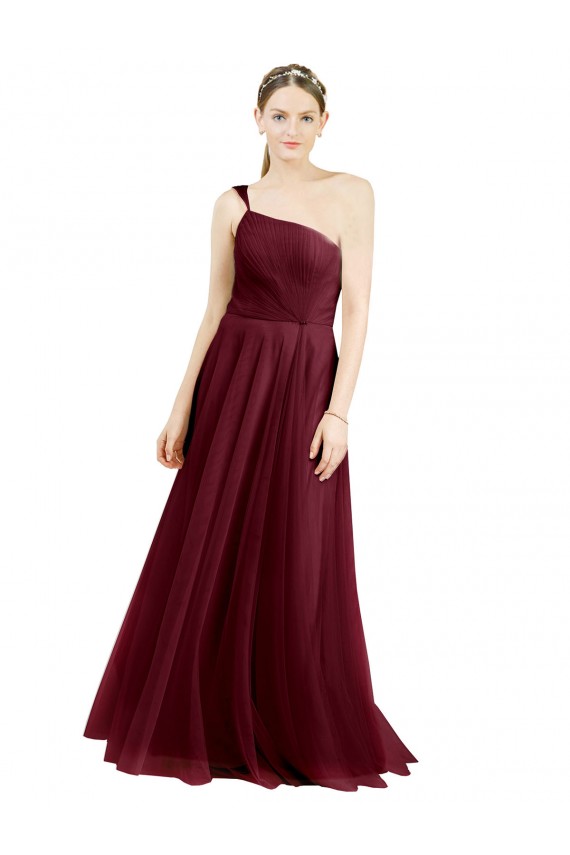 A-Line One Shoulder Tulle Long Burgundy Semi Formal Evening Dress / Bridesmaid Dress Barrie