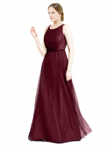 A-Line Boat Neck Tulle Long Burgundy Semi Formal Evening Dress / Bridesmaid Dress Barrie
