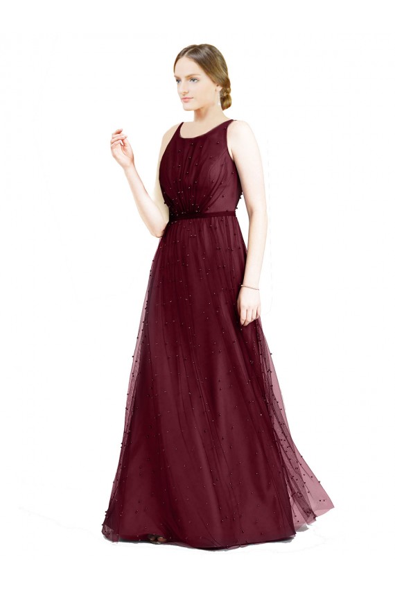 A-Line Boat Neck Tulle Long Burgundy Semi Formal Evening Dress / Bridesmaid Dress Barrie