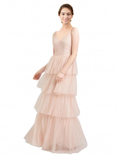 A-Line V-Neck Tulle Long Pink Semi Formal Evening Dress / Bridesmaid Dress Barrie