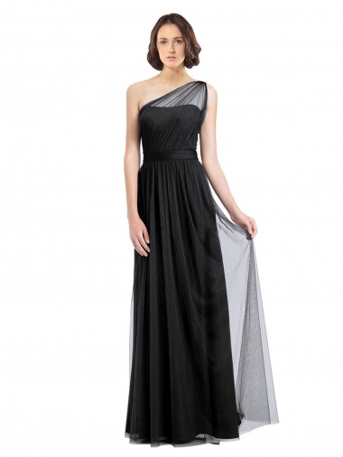 A-Line One Shoulder Tulle Long Black Bridesmaid Dress Barrie