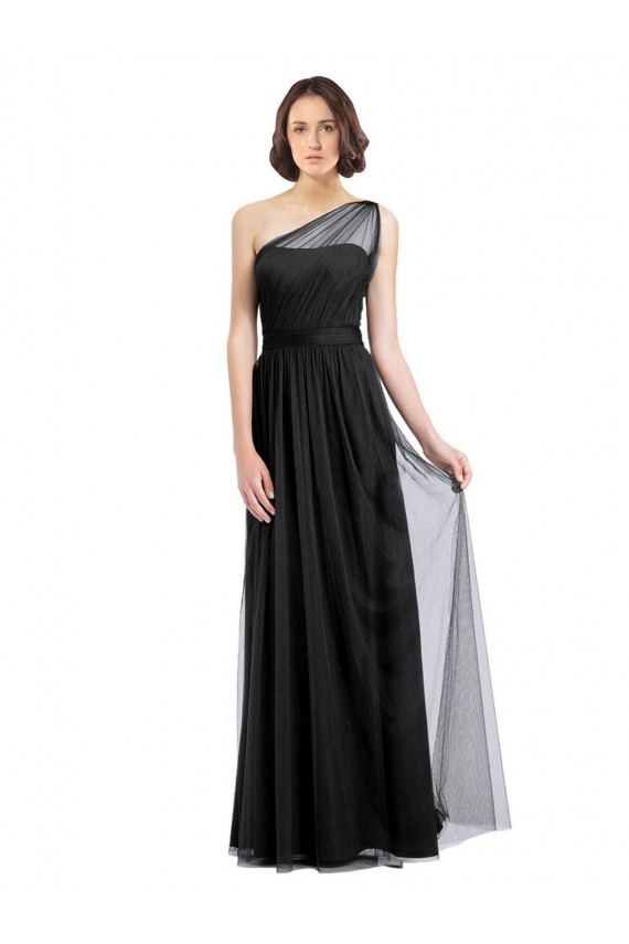 A-Line One Shoulder Tulle Long Black Bridesmaid Dress Barrie