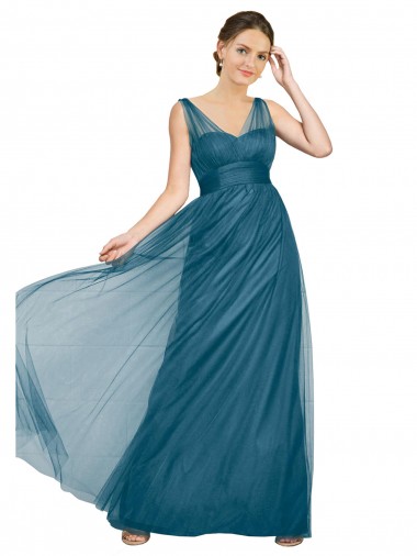 A-Line V-Neck Tulle Long Teal Green Bridesmaid Dress Barrie