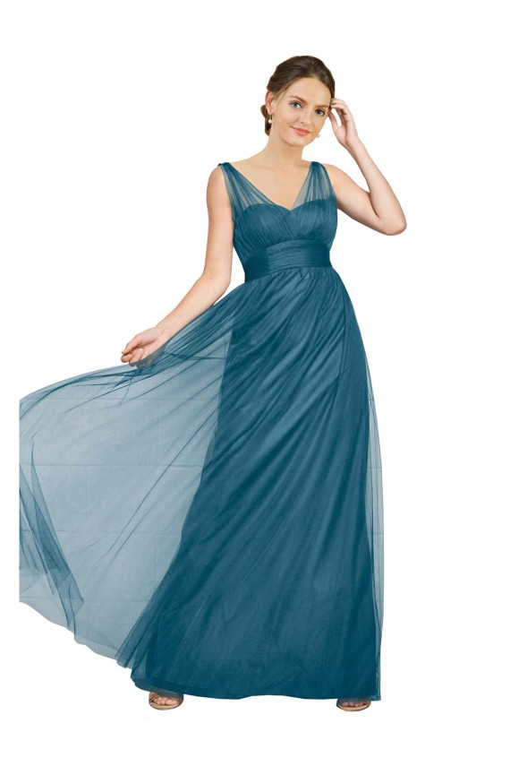 A-Line V-Neck Tulle Long Teal Green Bridesmaid Dress Barrie