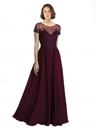 A-Line Jewel Neck Tulle & Soft Chiffon Long Burgundy Gold Bridesmaid Dress Barrie