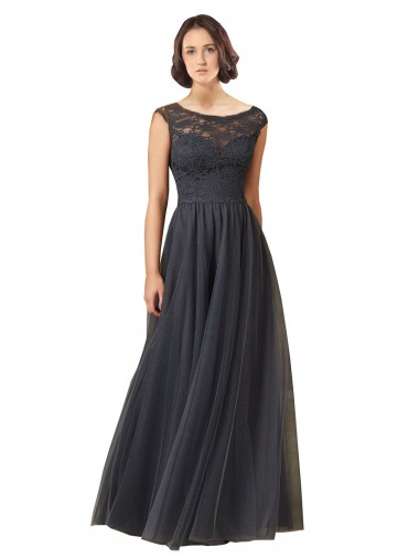 A-Line Bateau Neck Tulle & Lace Long Slate Grey Bridesmaid Dress Barrie
