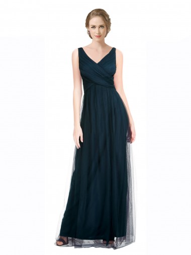 A-Line V-Neck Tulle Long Blue Bridesmaid Dress Barrie