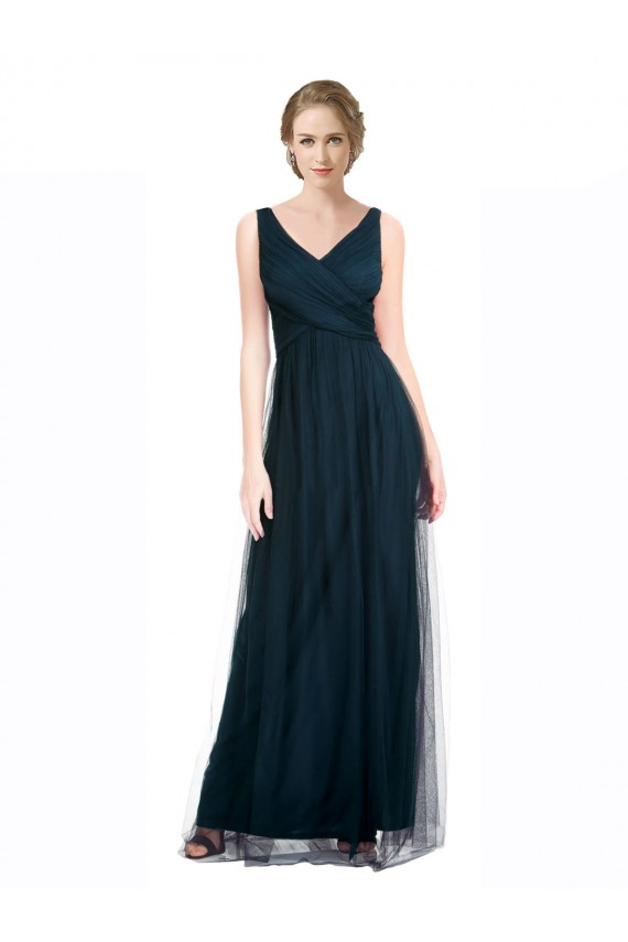 A-Line V-Neck Tulle Long Blue Bridesmaid Dress Barrie
