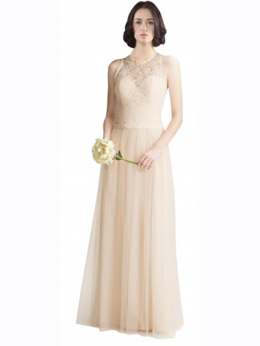 A-Line Illusion Neck Tulle & Lace Long Ivory Bridesmaid Dress Barrie
