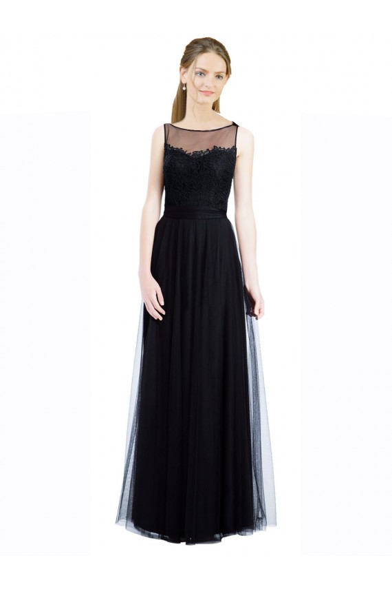 A-Line Illusion Neck Tulle & Lace Long Black Bridesmaid Dress Barrie