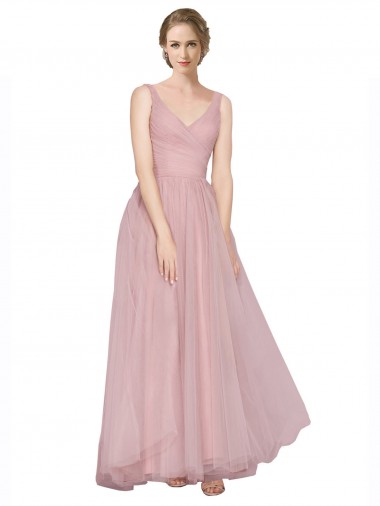 A-Line V-Neck Tulle Long Pink Bridesmaid Dress Barrie