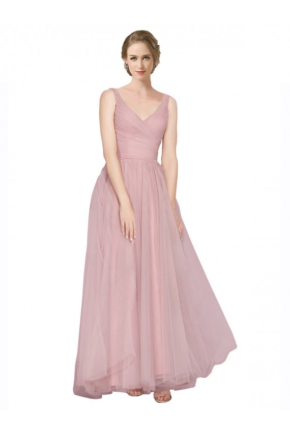 A-Line V-Neck Tulle Long Pink Bridesmaid Dress Barrie