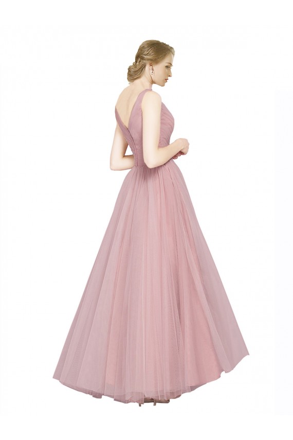 A-Line V-Neck Tulle Long Pink Bridesmaid Dress Barrie