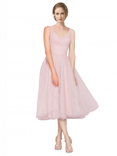 A-Line V-Neck Tulle Tea Length Pink Bridesmaid Dress Barrie