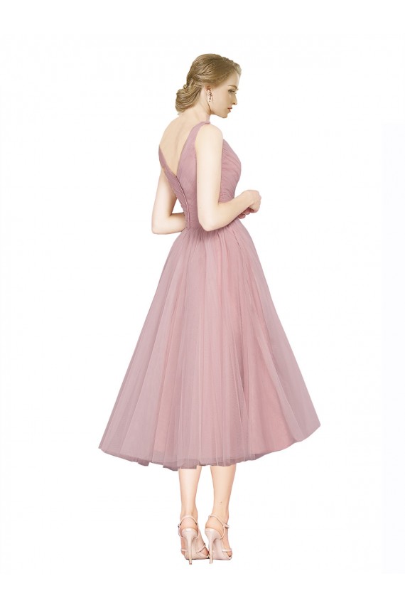 A-Line V-Neck Tulle Tea Length Pink Bridesmaid Dress Barrie