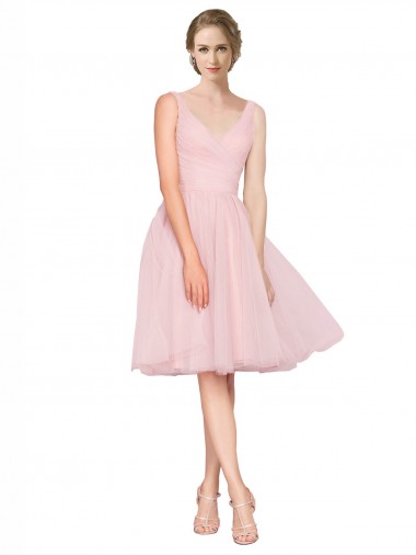 A-Line V-Neck Tulle Knee Length Pink Bridesmaid Dress Barrie