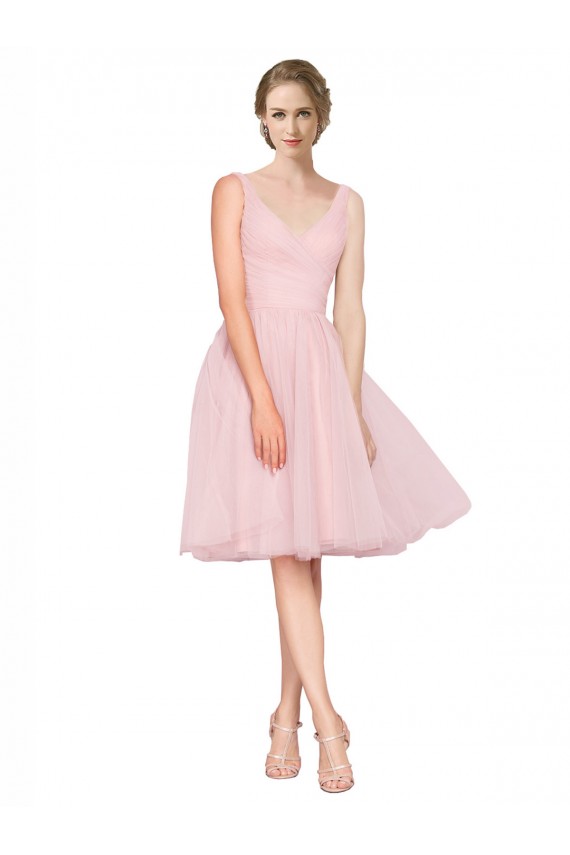 A-Line V-Neck Tulle Knee Length Pink Bridesmaid Dress Barrie