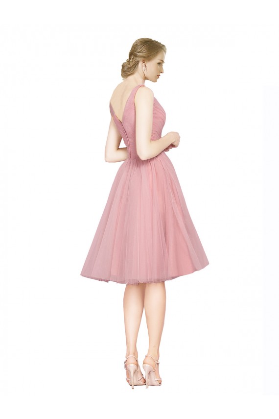 A-Line V-Neck Tulle Knee Length Pink Bridesmaid Dress Barrie