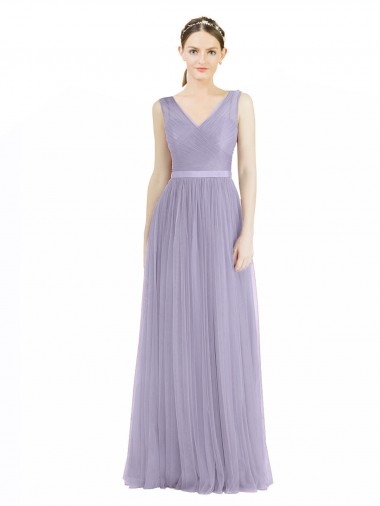 A-Line V-Neck Tulle Long Lilac Bridesmaid Dress Barrie