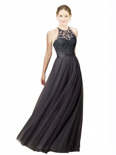 A-Line Sweetheart Tulle & Lace Long Slate Grey Bridesmaid Dress Barrie