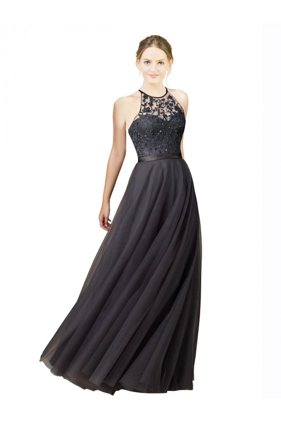 A-Line Sweetheart Tulle & Lace Long Slate Grey Bridesmaid Dress Barrie