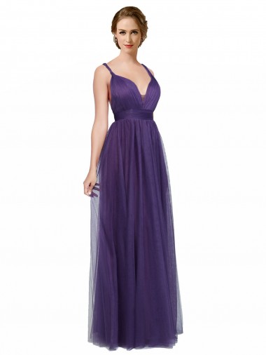 A-Line Bateau Neck Tulle Long Purple Bridesmaid Dress Barrie