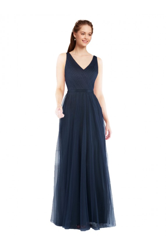 Sheath V-Neck Tulle Long Dark Navy Bridesmaid Dress Barrie