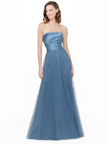 A-Line Strapless Satin & Tulle Long Bridesmaid Dress Barrie