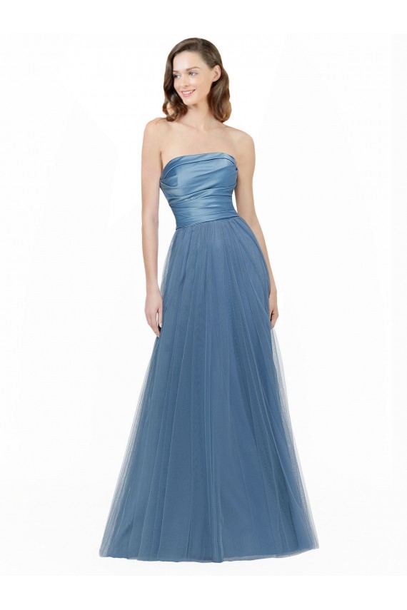 A-Line Strapless Satin & Tulle Long Bridesmaid Dress Barrie