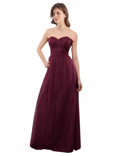 A-Line Strapless Tulle Long Burgundy Bridesmaid Dress Barrie