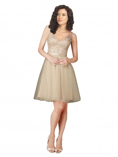 A-Line V-Neck Tulle & Lace Knee Length Champagne Bridesmaid Dress Barrie