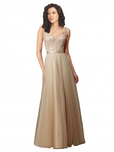 A-Line V-Neck Tulle & Lace Long Champagne Bridesmaid Dress Barrie
