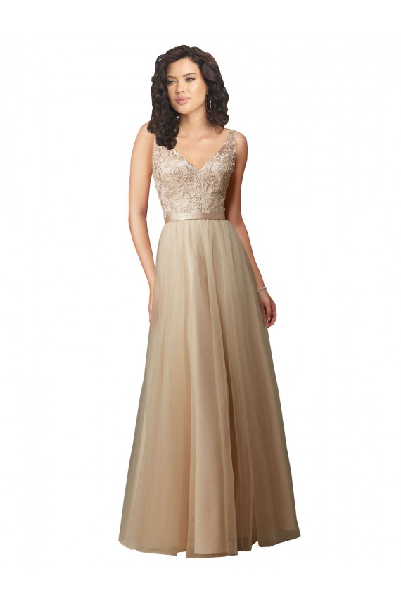 A-Line V-Neck Tulle & Lace Long Champagne Bridesmaid Dress Barrie