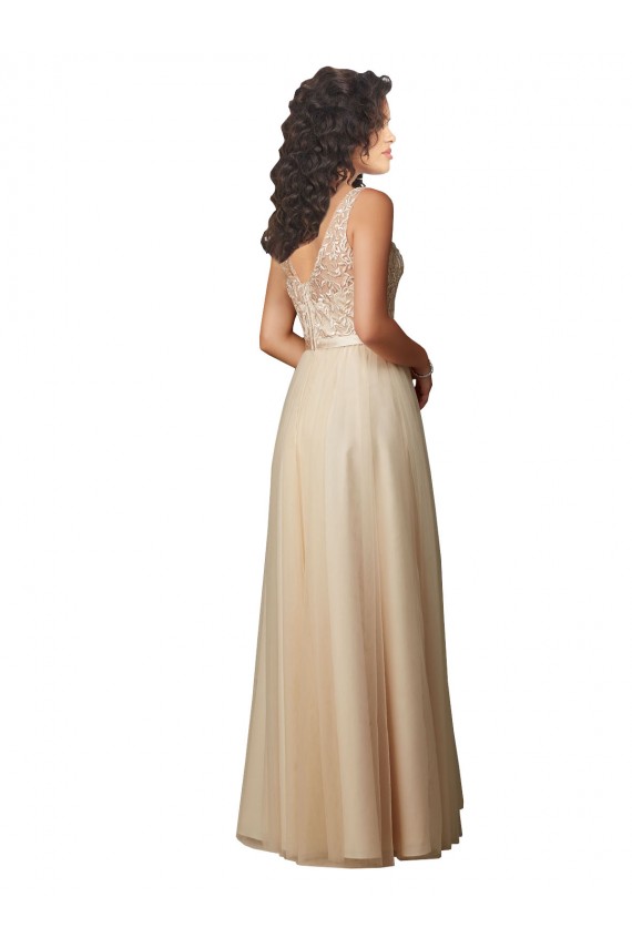 A-Line V-Neck Tulle & Lace Long Champagne Bridesmaid Dress Barrie