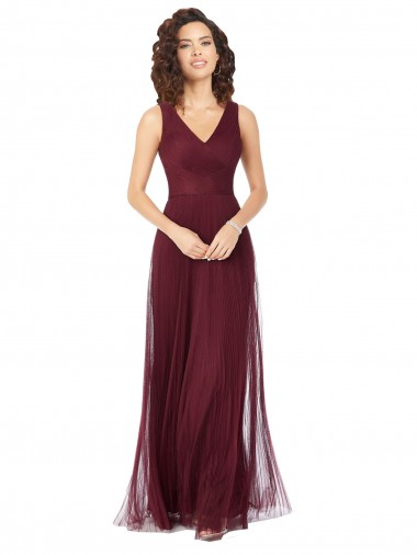 A-Line V-Neck Tulle Long Burgundy Gold Bridesmaid Dress Barrie