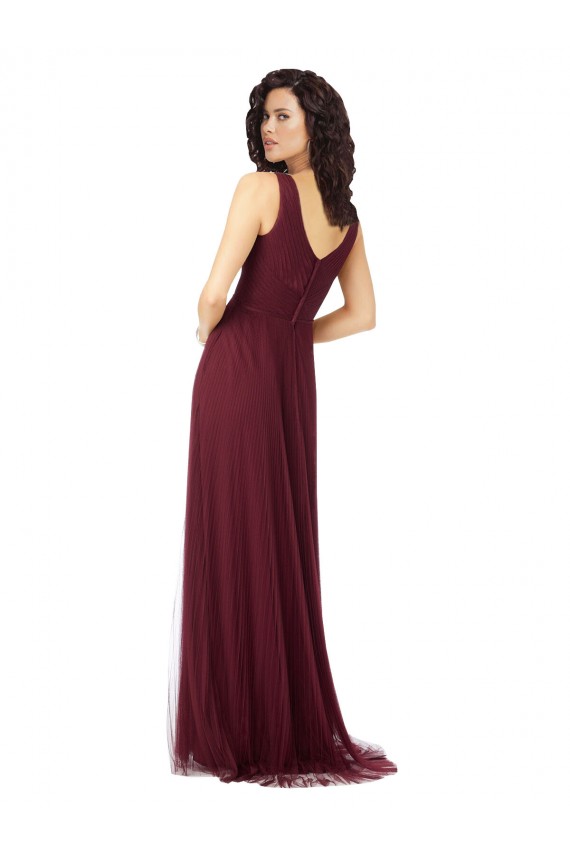 A-Line V-Neck Tulle Long Burgundy Gold Bridesmaid Dress Barrie