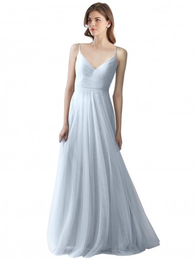 A-Line V-Neck Tulle Long Light Sky Blue Bridesmaid Dress Barrie